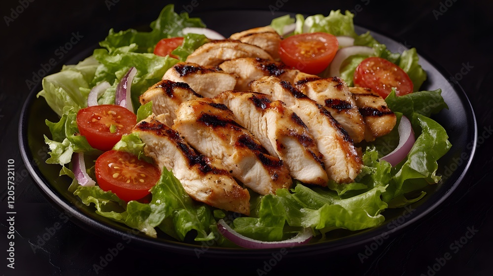 Grilled chicken salad with lettuce, tomatoes and onion on a black plate over a dark background.
Grilled chicken salad with lettuce, tomatoes and onion on a black plate over a dark background.