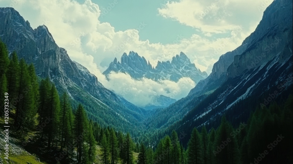 Fototapeta premium Majestic mountains and lush green forest create a breathtaking landscape under a cloudy sky