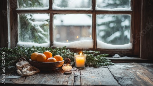 Winter Still Life With Candled Light, Oranges, And Snowy View