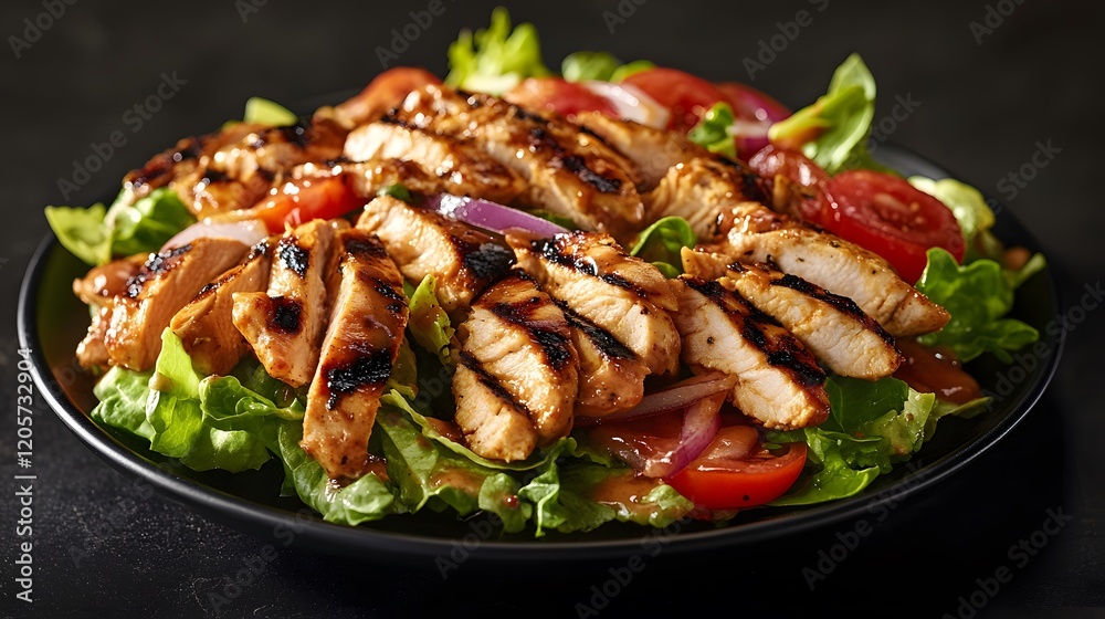 Grilled chicken salad with lettuce, tomatoes and onion on a black plate over a dark background.
Grilled chicken salad with lettuce, tomatoes and onion on a black plate over a dark background.