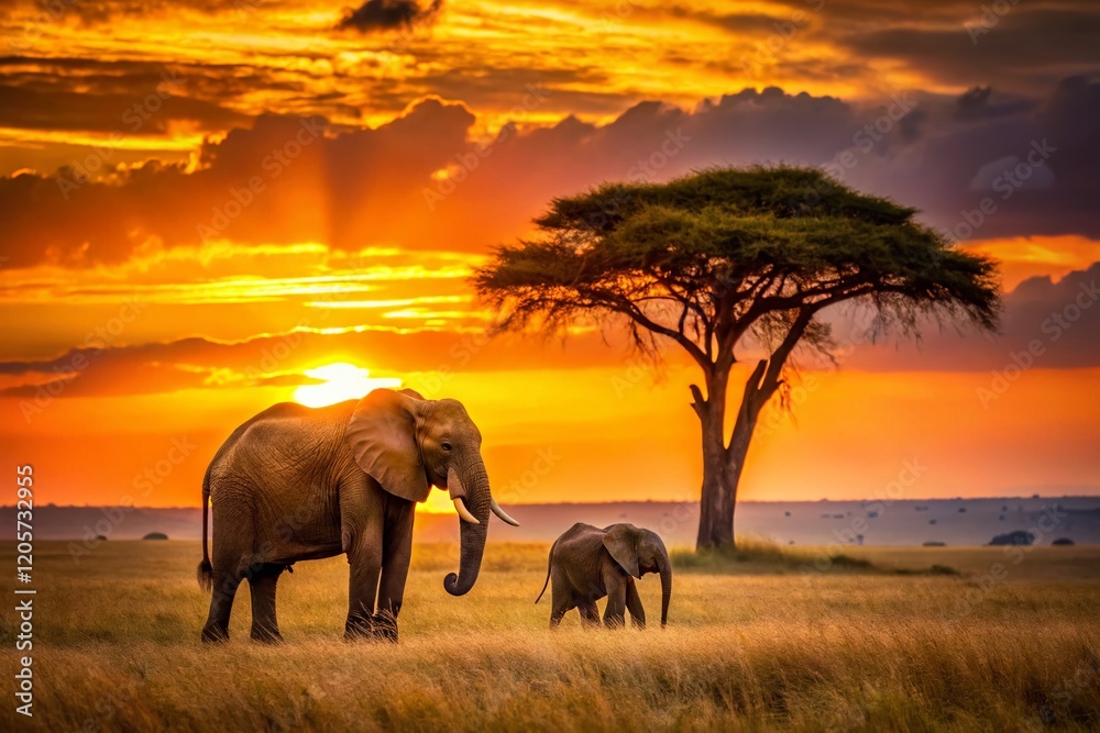 Fototapeta premium African Elephant Family Masai Mara Sunset: Majestic Elephants Enjoying Savanna