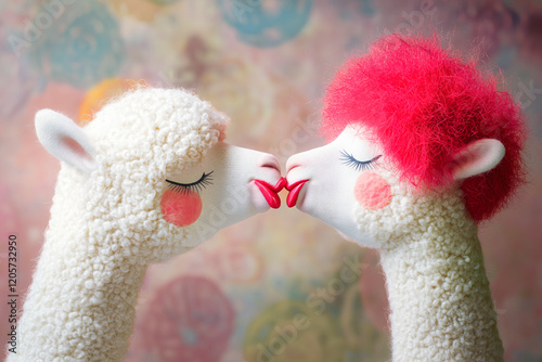 Alternative weird love story, anthropomorphic alpaca, red wig, lipstick, kissing, romantic kiss quirky strange valentine 