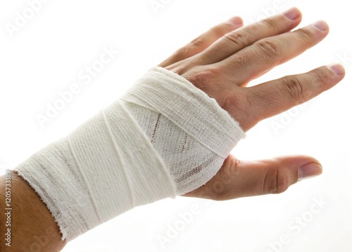 Hand with a white bandage wrapped around the wrist on white background