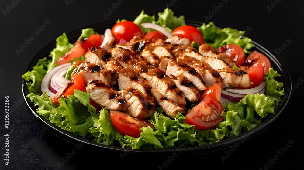 Grilled chicken salad with lettuce, tomatoes and onion on a black plate over a dark background.
Grilled chicken salad with lettuce, tomatoes and onion on a black plate over a dark background.