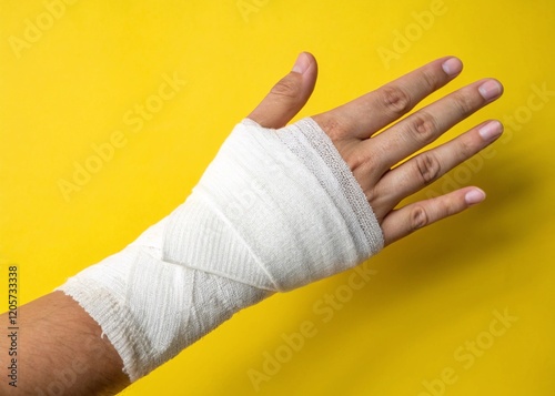 Hand with a white bandage wrapped around the wrist on yellow background