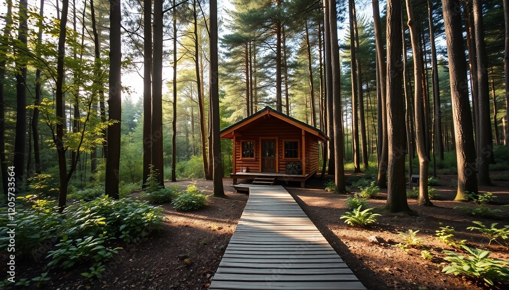 Secluded Wooden Cabin in a Sun Dappled Forest with Walkway Secluded Wooden Cabin in a Sun Dappled Forest with Walkway