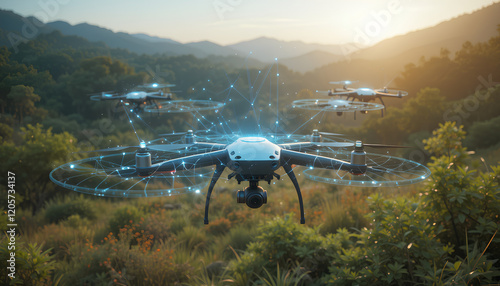 Wallpaper Mural Futuristic Drones in Nature with Digital Connectivity Network Torontodigital.ca