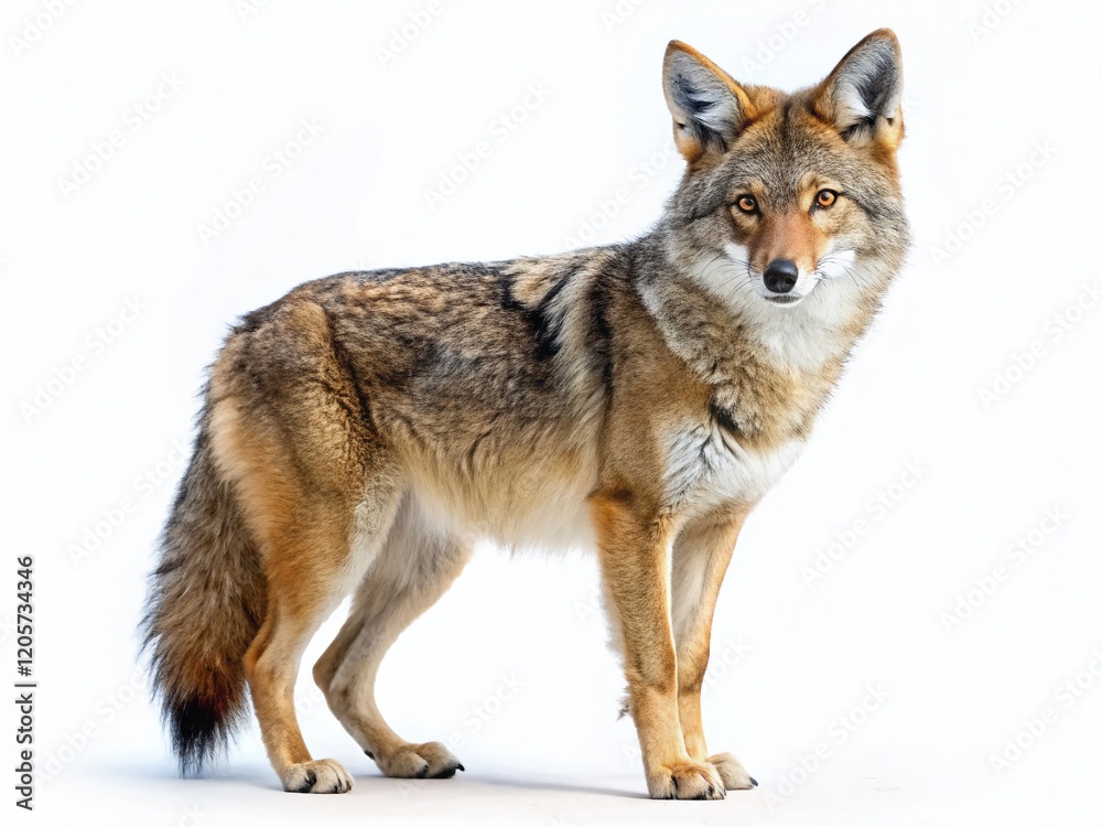 Fototapeta premium Alert Coyote, Full Body, Isolated on White Background - Wildlife Stock Photo