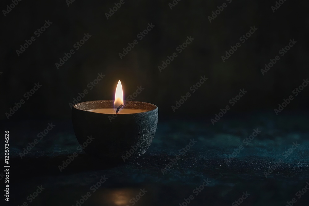 Single Lit Candle in Dark Room Peaceful Atmosphere Single Lit Candle in Dark Room Peaceful Atmosphere