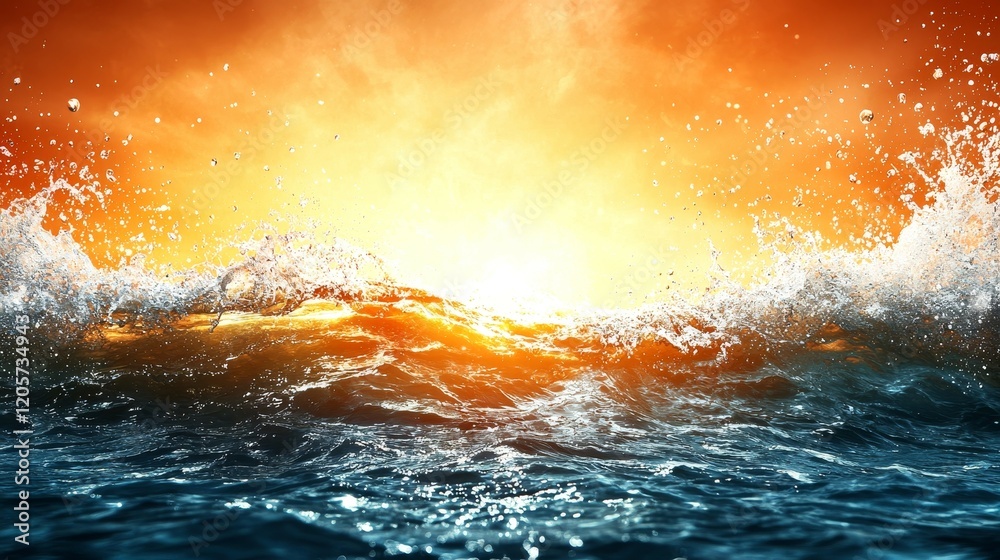 Fototapeta premium under deep sea concept. Vibrant ocean waves crashing under a dramatic sunset glow.