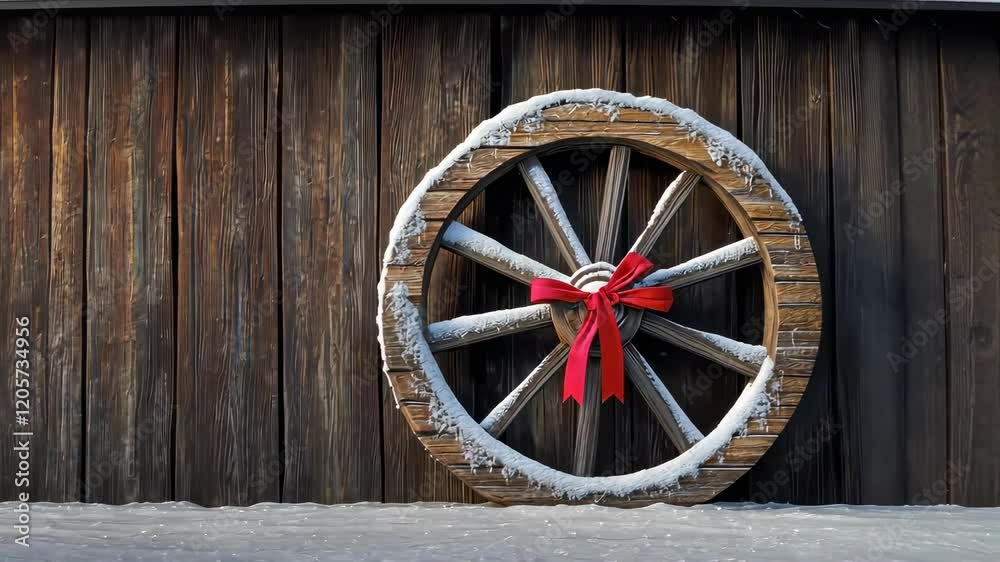 Snowy rustic wagon wheel adorned with a red bow against a wooden backdrop Snowy rustic wagon wheel adorned with a red bow against a wooden backdrop