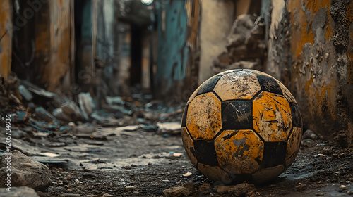 An old, worn-out football lying in a dusty alleyway, surrounded by urban decay, during a nostalgic afternoon