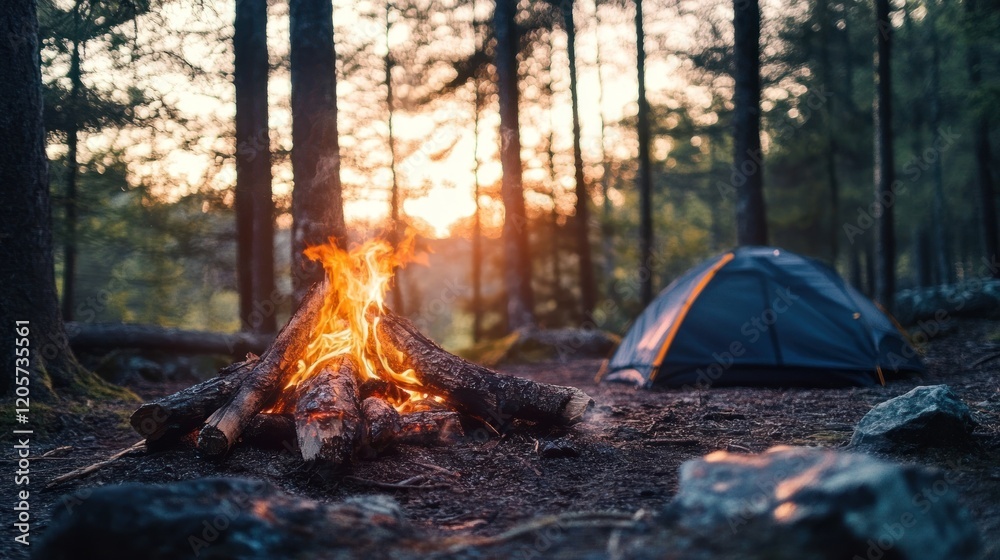 Campfire and tent setup in the woods with a setting sun and glowing flames Campfire and tent setup in the woods with a setting sun and glowing flames