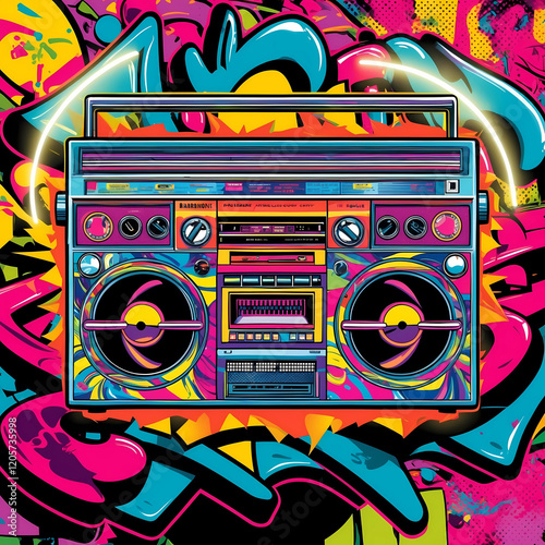 A vibrant, professional graphic design in a pop art style featuring a vintage boombox as the central element, set against a bold, graffiti-inspired background with stylized shapes, bright colors, and 