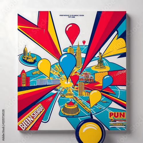 A vibrant, retro-inspired map in a professional graphic design pop art style, featuring bold, geometric shapes and exaggerated forms, with brightly colored location pins in red, blue, and yellow, rese