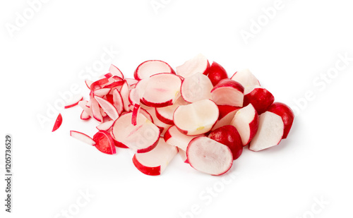 Sliced Radish Roots Isolated, Red Root Round Cuts, Red Radishes Slice Pile, Radis Cross Sections on White photo