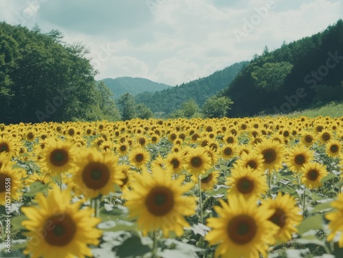 A vast field of vibrant yellow sunflowers stretching towards the distant rolling green hills photo