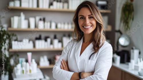  Smiling dermatologist and cosmetologist in a modern clinic