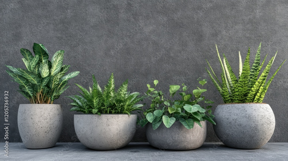 Three modern planters are displayed on a black background. Three modern planters are displayed on a black background.
