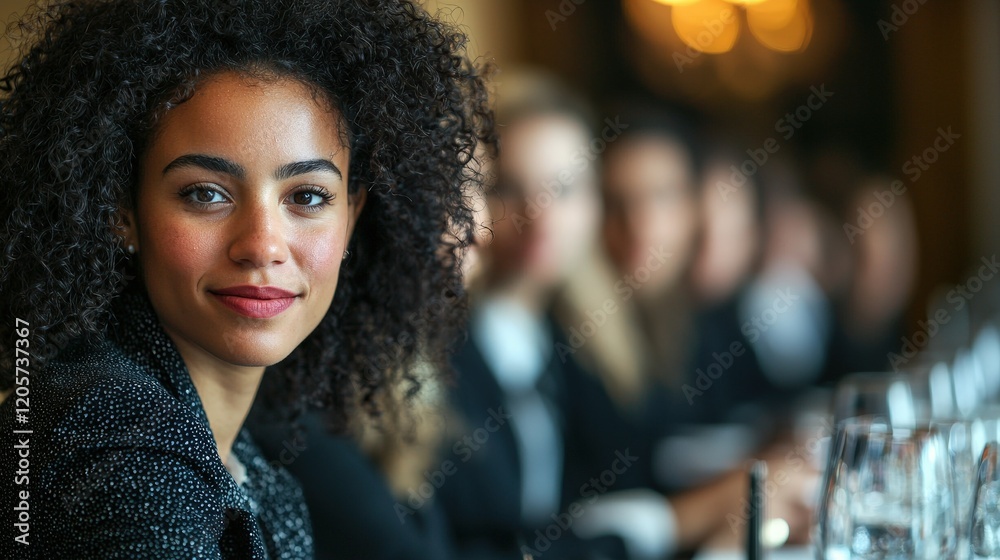 Fototapeta premium Confident Young Woman with Curly Hair at a Social Gathering