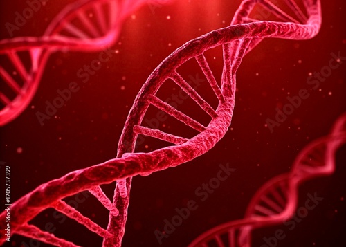 Close up view of double helix DNA structure in vibrant red hues