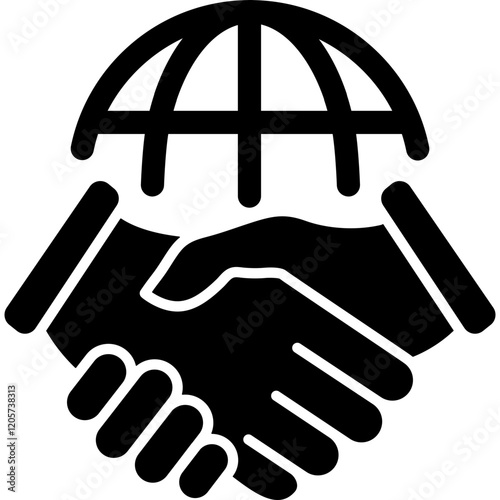 Handshake and globe silhouette icon. World partnership symbol. Vector illustration.