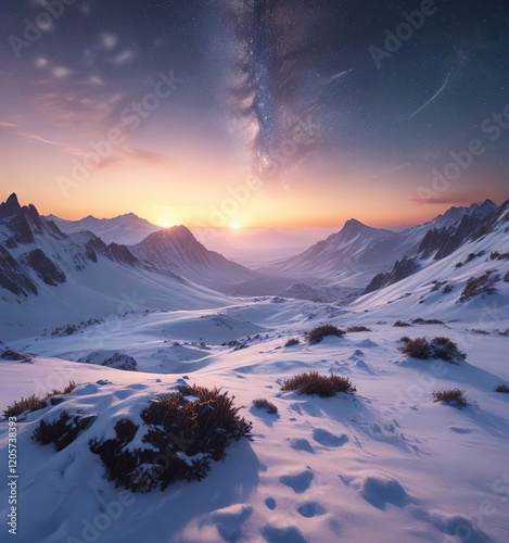 Stunning winter landscape with sunrise and milky way, frozen, cold, snowflakes photo