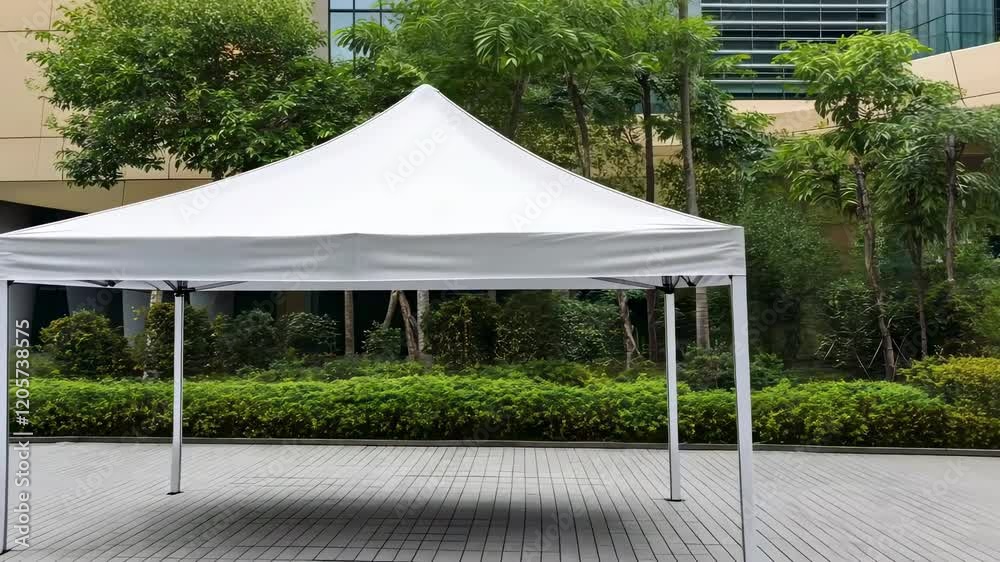 White gazebo set amidst lush greenery in an outdoor setting