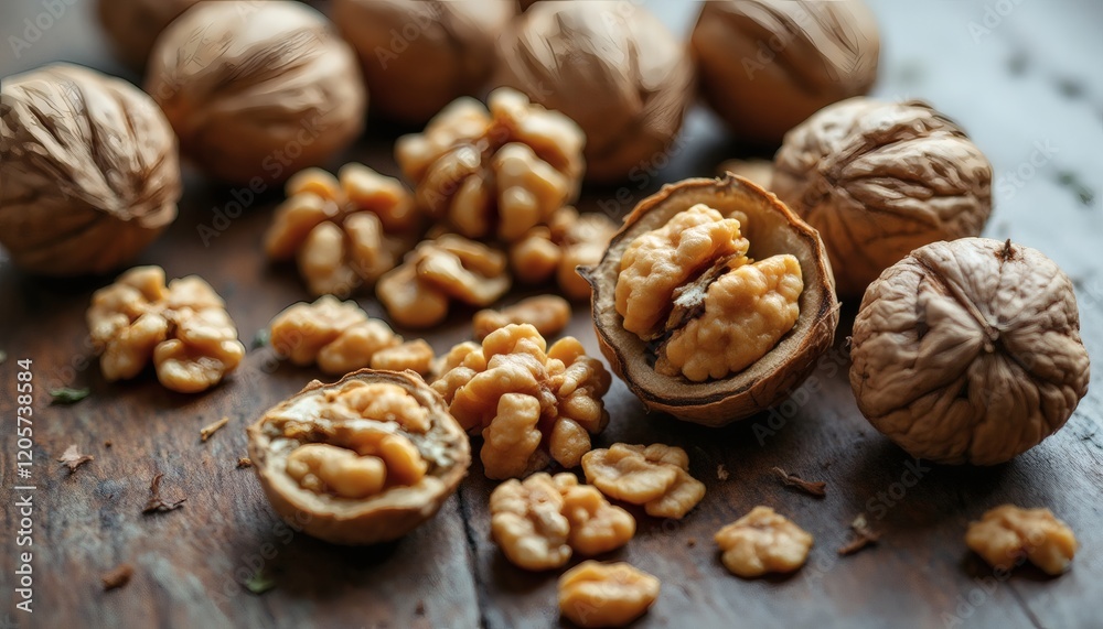 A Close-Up of Walnuts on a Rustic Wooden Surface A Close-Up of Walnuts on a Rustic Wooden Surface