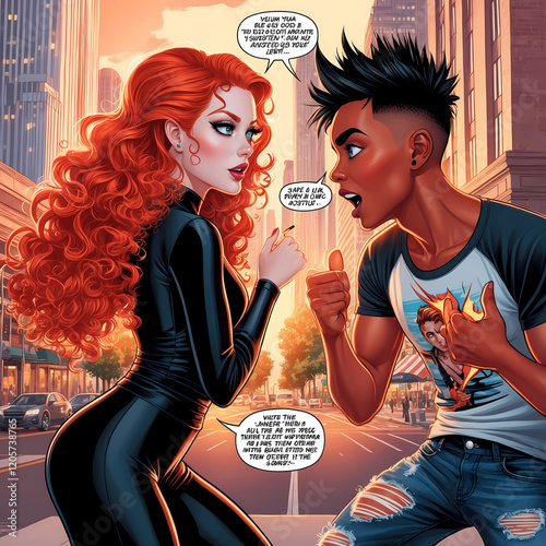 A dynamic comic book-inspired illustration featuring a youthful, stylish couple in their early twenties, deeply invested in a lively conversation, set against a cityscape backdrop with towering skyscr photo