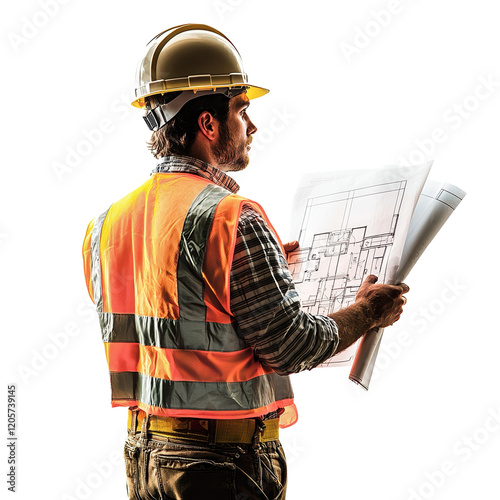 Man wearing a safety vest and a hard hat is holding a blueprint