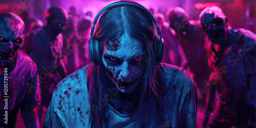 Horror Zombie in the Dancing Clun Wearing Headphone photo