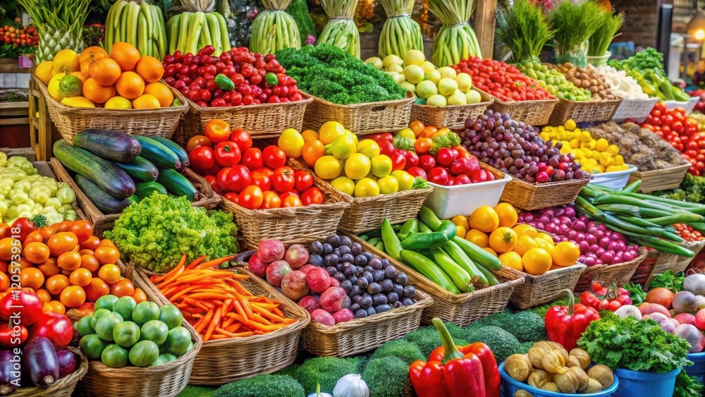 Vibrant display of colorful fruits and vegetables at a lively farmers market stall , vibrant, colorful, vibrant, colorful Vibrant display of colorful fruits and vegetables at a lively farmers market stall , vibrant, colorful, vibrant, colorful