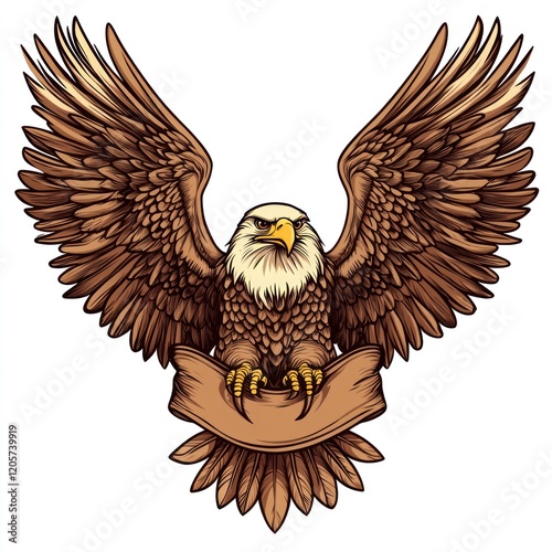 Majestic eagle wings spread, holding banner, white background, for logo design photo