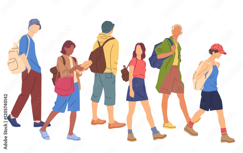 Fototapeta premium Group men and women walking with backpacks, back view, profile, different colors, cartoon character, silhouettes people, vacation clothes; flat icon design concept, vector, isolated on white