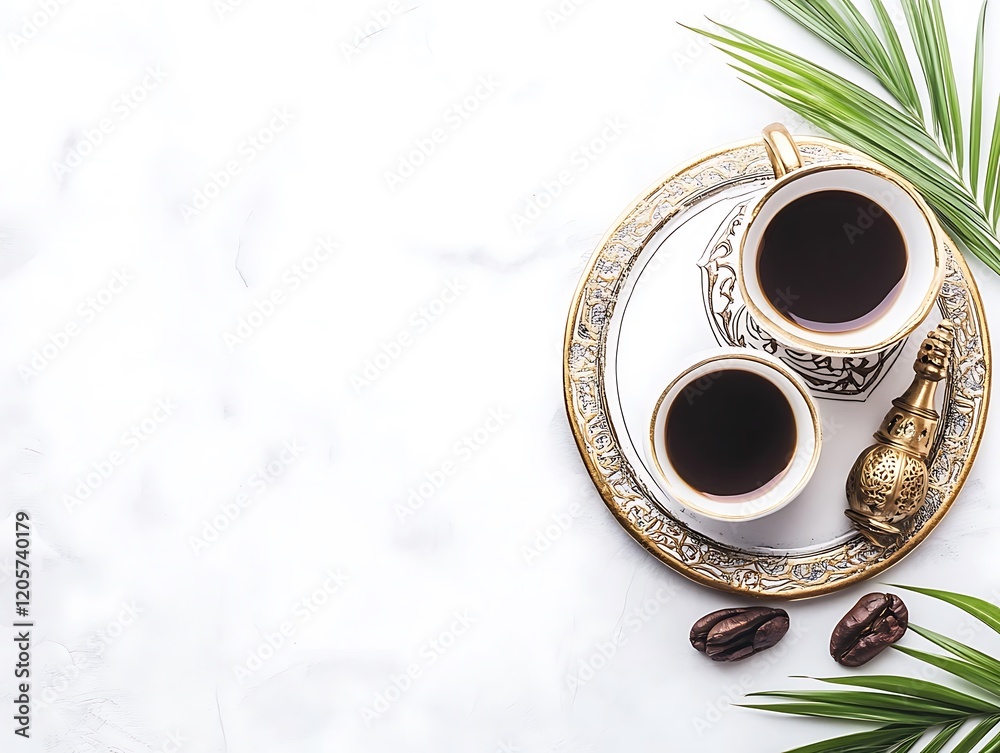 Elegant Golden Coffee Cups on Ornate Tray with Beans Elegant Golden Coffee Cups on Ornate Tray with Beans