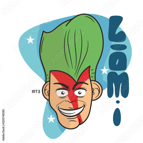 Eoneco com expressão alegre e efusiva com aspectos espaciaias e colorido com palavra que não significa nada para ilustrar como pode ficar com uma palavras qualquer