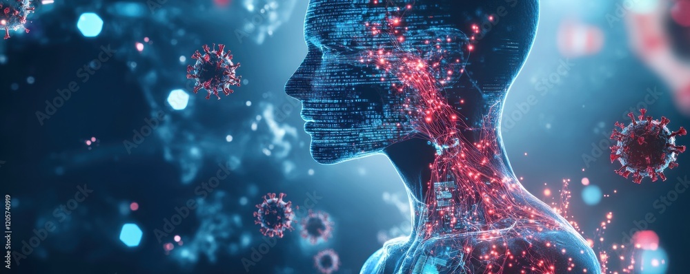 Digital Human Anatomy with Virus Elements and Abstract Technology Glow Digital Human Anatomy with Virus Elements and Abstract Technology Glow