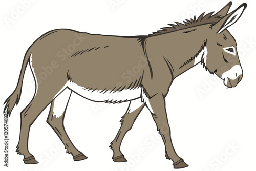  donkey, full body, side view, realistic, detailed fur texture, brown coat, white underbelly, long ears, strong legs, neutral expression, studio lighting, white background, high resolution, nature p