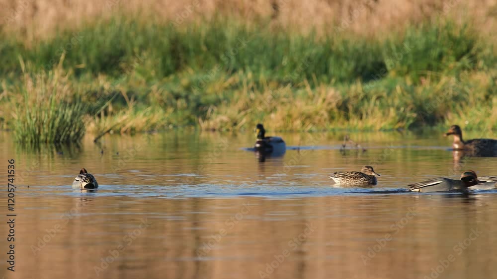 Eurasian Teal, Anas crecca, birds in spring courtship on marshes