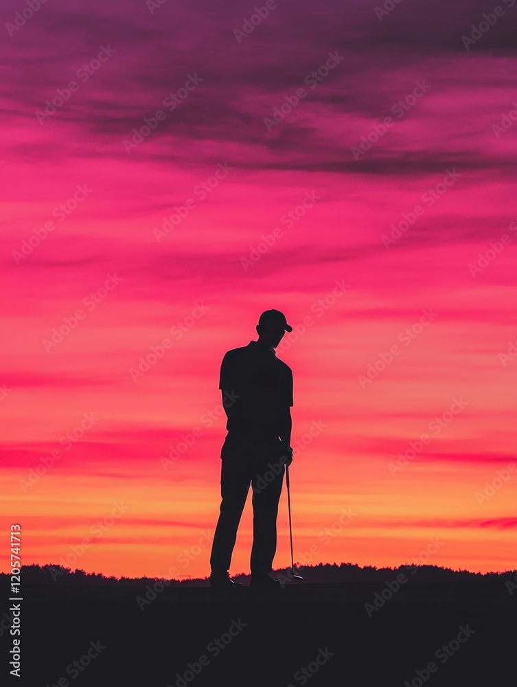 Silhouette of Golfer Against Vibrant Sunset Sky in Background Silhouette of Golfer Against Vibrant Sunset Sky in Background