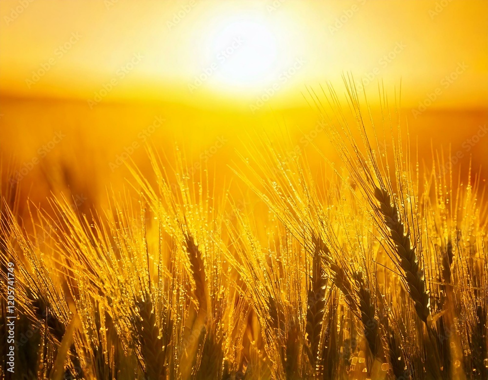 Obraz premium 太陽に照らされて輝く小麦畑の風景