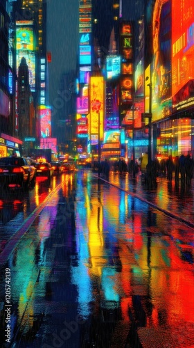 Wallpaper Mural Vibrant city scene illuminated by neon lights reflecting on wet pavement at night. Torontodigital.ca