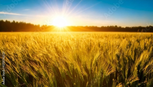 太陽に照らされて輝く小麦畑の風景