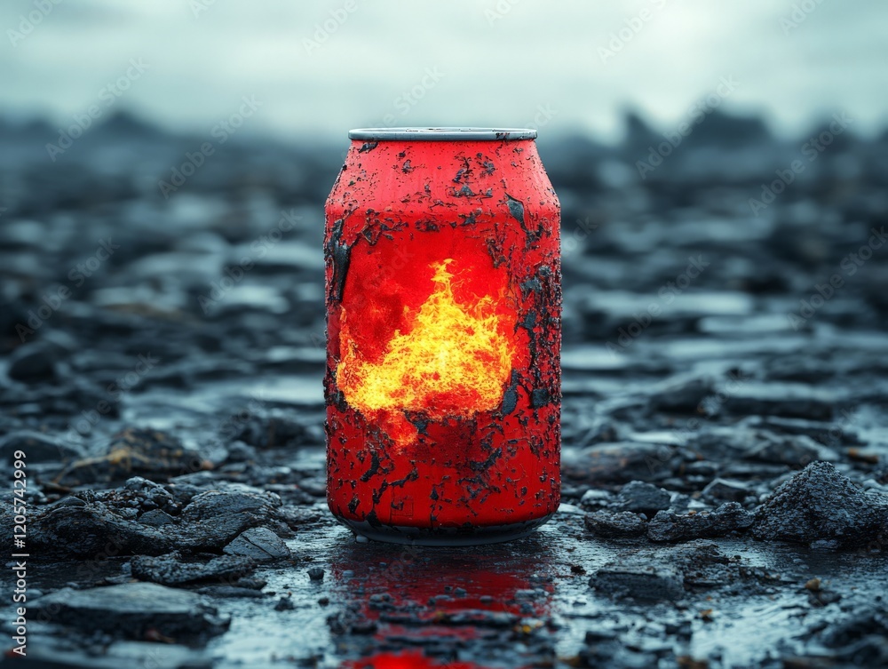 A red soda can with a fiery glow, set against a rugged, rocky landscape. A red soda can with a fiery glow, set against a rugged, rocky landscape.