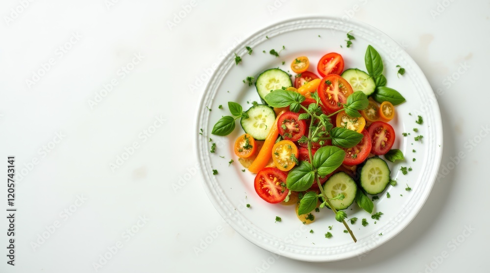 Fresh garden salad with vibrant tomatoes and cucumbers arranged on white plate Fresh garden salad with vibrant tomatoes and cucumbers arranged on white plate