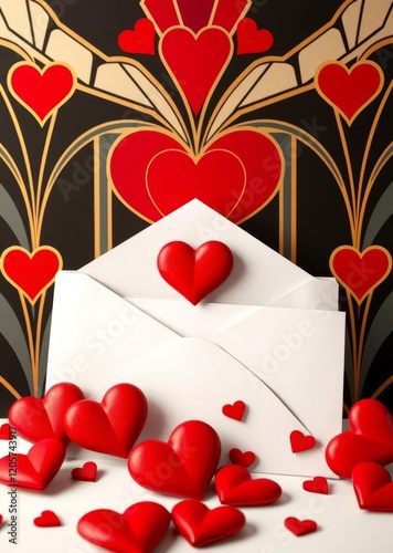 Valentine's day scene, ornate art nouveau backdrop, red hearts, gold filigree, white envelope, love letter, romantic composition, vibrant colors, soft lighting, decorative design, hearts motif, symmet photo