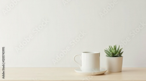 Wallpaper Mural Minimalist coffee cup and succulent plant on a light wooden table in a cozy interior space Torontodigital.ca