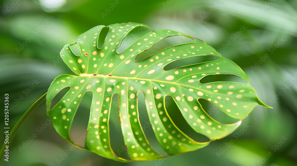 Obraz premium Close-up of a leaf with visible fungal spots against blurred green foliage, highlighting natural imperfections and organic textures in natural light.
