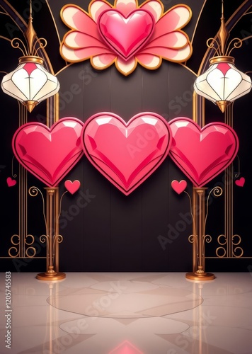 Valentine's Day stage, ornate heart decorations, pink and red hearts, golden floral designs, romantic lighting, elegant backdrop, reflective floor, symmetrical composition, fantasy love theme, luxurio photo